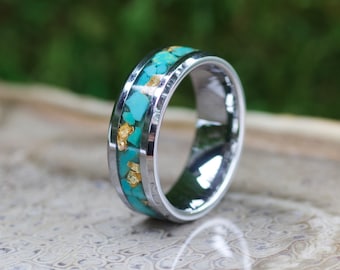 Turquoise and 24K Gold Tungsten Ring • Handmade Wedding Band