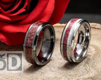 Handmade Rose Petal Wedding Ring - Choice of Black Ceramic band for him & Tungsten band for her - Engraving Included
