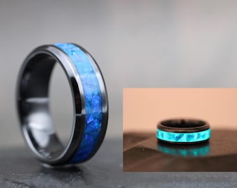 Blue Opal Glow Stone Ring – Handmade Black Ceramic Inlay Luminous Promise Ring – Engraving Included