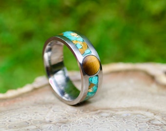 Handmade Titanium Ring, Tiger's Eye, Turquoise & 24K Gold Flakes, Unique Wedding Band