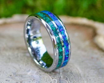 Doppel Inlay Ring aus Malachit und Blau Opal • Silber Wolfram Band • Einzigartiger Herrenring • Mai Birthstone Geschenk für Sie oder Ihn