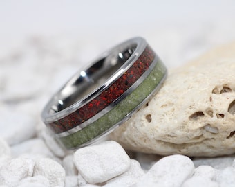 Handmade Tungsten Ring • Peridot & Magma Opal Inlay, Unique Wedding Band