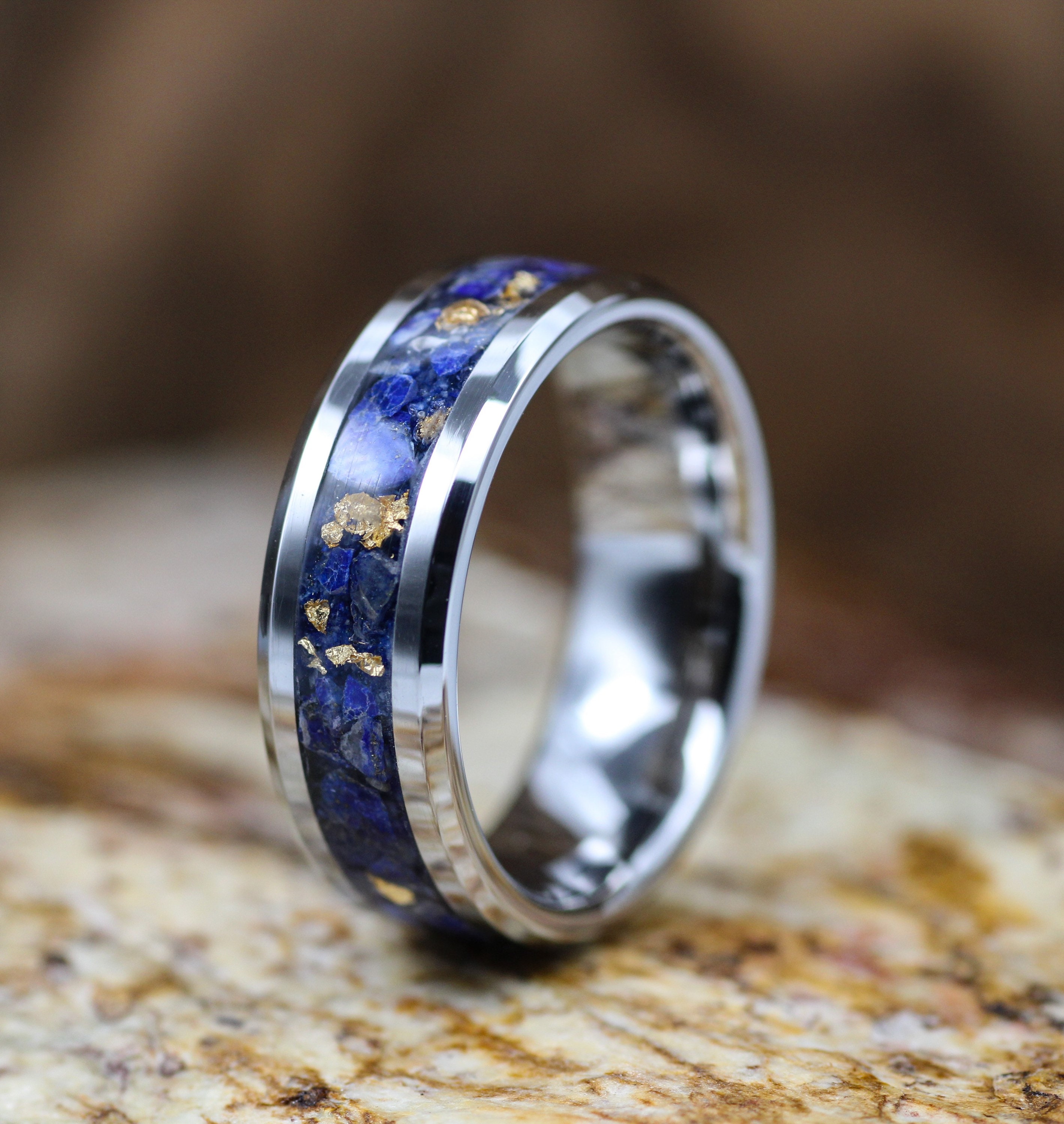 Blue Lapis Gold Tungsten Ring Lapis 24k Gold Wedding Band Etsy