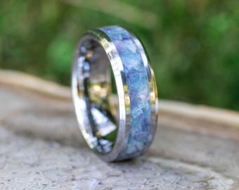 Blue Aquamarine Amethyst Tungsten Ring • Men's Wedding Band, Engagement Ring