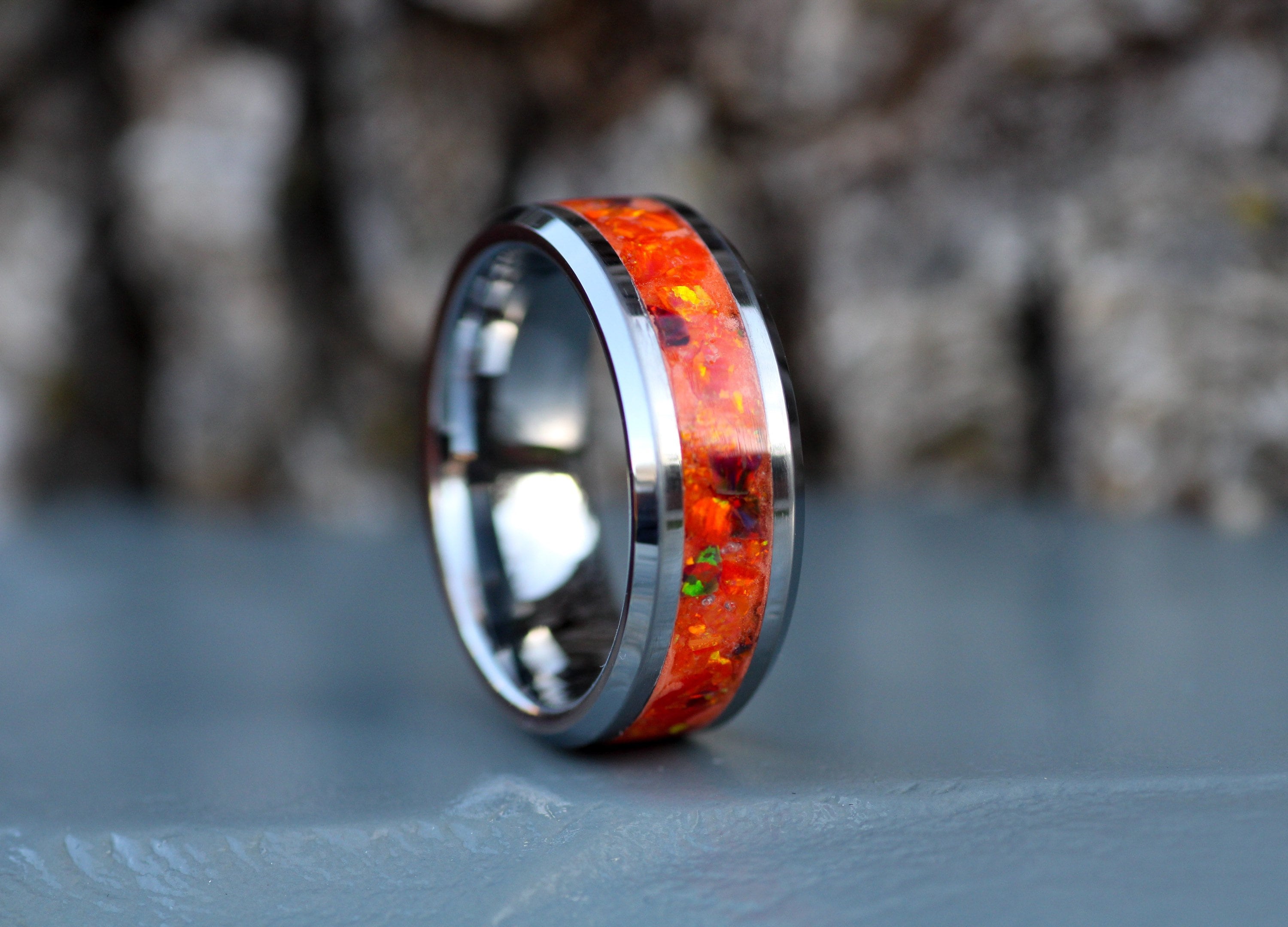 Orange glow ring tungsten ring opal ring mens wedding Etsy