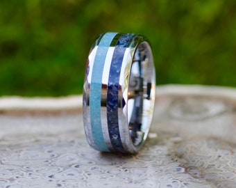 Aquamarin und Saphir Ring mit doppelter Einlage • Silber Wolfram Band • Einzigartiger Herrenring • März September Geburtsstein Geschenk für Sie / Ihn