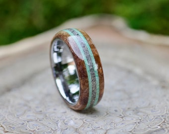 Maple Burl Turquoise Cremation Ring, Tungsten Memorial Band