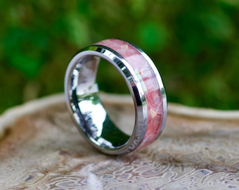 Handmade Rose Quartz & Opal Tungsten Ring - Free Engraving