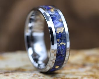 Blue Lapis Tungsten Ring with 24K Gold Flake, Handmade Engagement Band