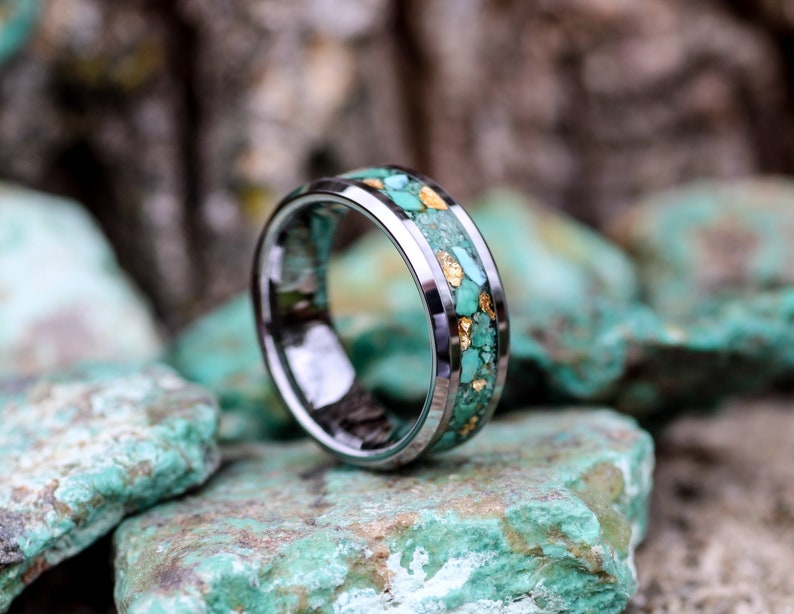 Turquoise and 24k Gold Tungsten Ring Unique Engagement or Wedding Band Statement Ring Gift Idea for Him or Her Free Laser Engraving image 1