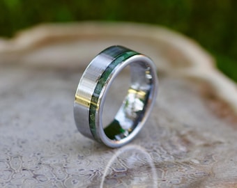 Handmade Peridot Emerald Tungsten Ring, Green Wedding Band