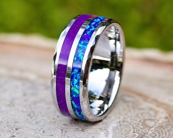 Amethyst Blue Opal Tungsten Ring – 10mm Wedding Band, Men's Inlay Jewelry
