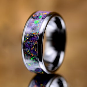 Amethyst and Opal Galaxy Ring, Black Ceramic Men’s Ring, Gift Idea for Him, Unique Wedding Ring, Engagement Ring Made to Order