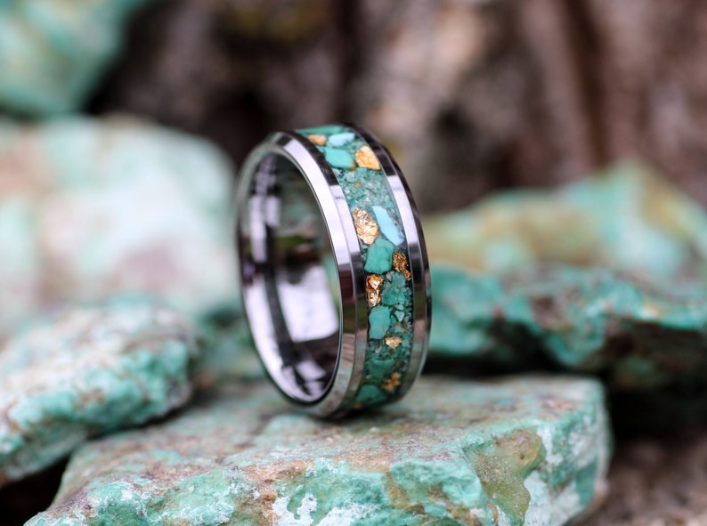 Turquoise and 24k Gold Tungsten Ring Unique Engagement or Wedding Band Statement Ring Gift Idea for Him or Her Free Laser Engraving image 3