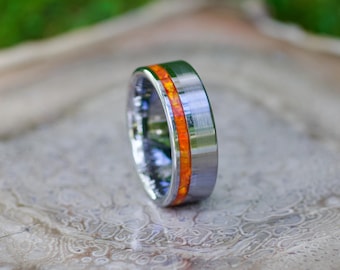 Handmade Orange Opal Tungsten Ring • Custom Laser Engraved