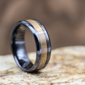 Koa Wood Black Ceramic Ring, Men&#39;s Contemporary Wedding Band, Handmade Jewelry with Custom Text Engraving Included