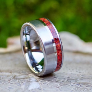 Handmade Ruby Engagement Ring, Silver Tungsten Wedding Band, Scratch Resistant, Comfort Fit Ring Core, Custom Engraving Included