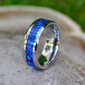 Ocean Blue Opal Inlay Ring, Tungsten carbide, men’s ring, women’s ring, wedding bands, gift ideas, gifts for men, gifts for women, handmade