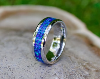 Ocean Blue Opal Tungsten Ring, Handmade Wedding Band