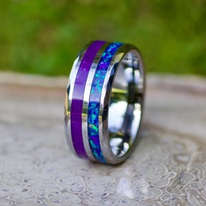 Double Inlay Amethyst and Blue Opal Ring • Silver Tungsten Band • Unique Men&#39;s Wedding Band • February Birthstone Gift for Him or Her
