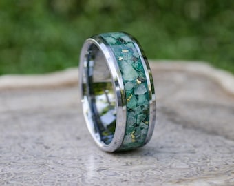 Emerald Ring, 24K Gold Flakes, Crushed Emerald Inlay Band, Men’s Wedding