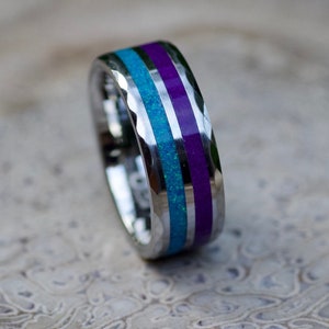 Double Inlay Amethyst and Blue Opal Ring • Silver Tungsten Band • Unique Men's Wedding Band • February Birthstone Gift for Him or Her