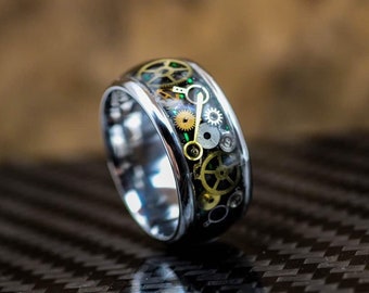 Steampunk ring, extra wide ring, stainless steel, carbon fiber, men’s ring, gifts for men, gift ideas, handmade, unique find
