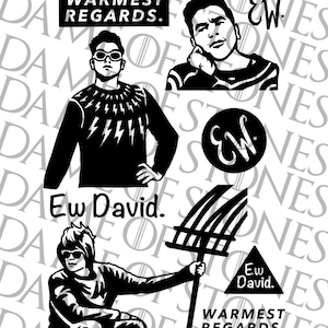 May include: Black and white digital illustration of a man wearing a sweater with lightning bolts and the text "Warmest Regards." and "Ew David."  The illustration also includes a rake and the text "Ew David." and "Ew."