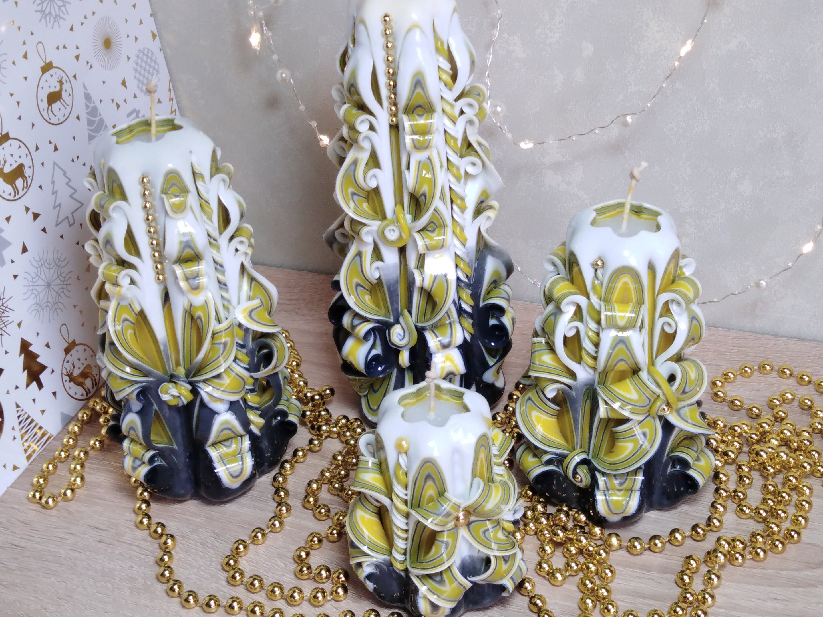 Christmas carved candles set. Black yellow candles. Gift for Etsy