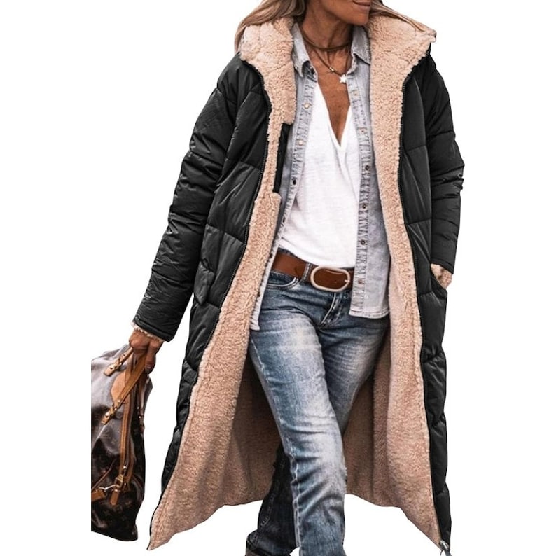 Lange, gesteppte Parka-Jacke aus Sherpa-Kapuze für Damen im Herbst und Winter Schwarz