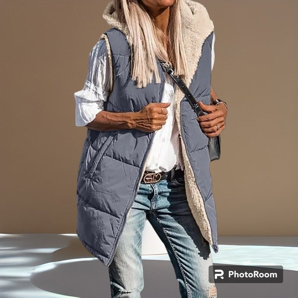 Veste longue matelassé à capuche sherpa réversible pour femmes , chaude , élégante stylée