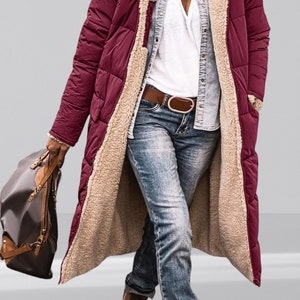 Lange, gesteppte Parka-Jacke aus Sherpa-Kapuze für Damen im Herbst und Winter Rot