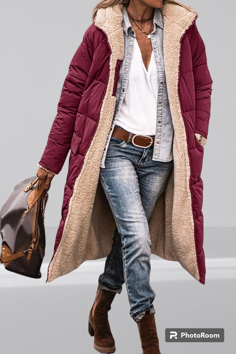 Lange, gesteppte Parka-Jacke aus Sherpa-Kapuze für Damen im Herbst und Winter Rot