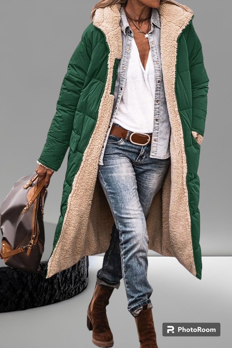 Lange, gesteppte Parka-Jacke aus Sherpa-Kapuze für Damen im Herbst und Winter Grün