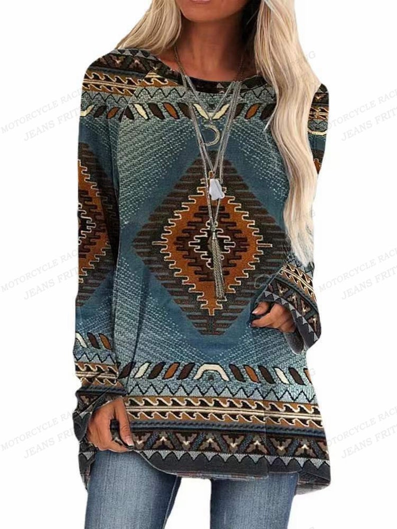 Tee Shirt women's long sleeves comfortable fabric loose casual style in elegance bleu hippies