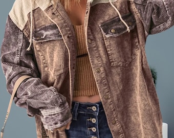 Damen-Cord-Kapuzenjacke, stilvoller Mantel mit Taschen und Knopfverschluss