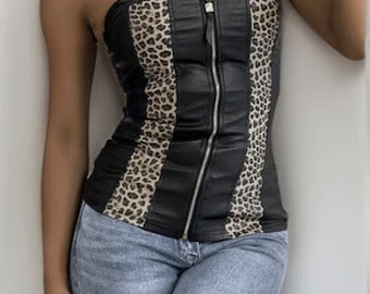 Haut top corset femme simili épaules dénudées motif léopard femeture éclair devant