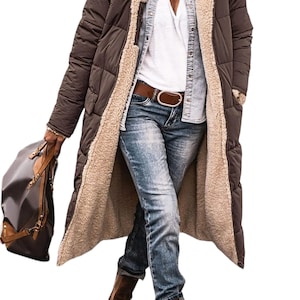 Lange, gesteppte Parka-Jacke aus Sherpa-Kapuze für Damen im Herbst und Winter Café