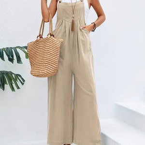 Long sleeveless overalls jumpsuit in Boho style, loose and casual, with pockets, women's clothing. Beige