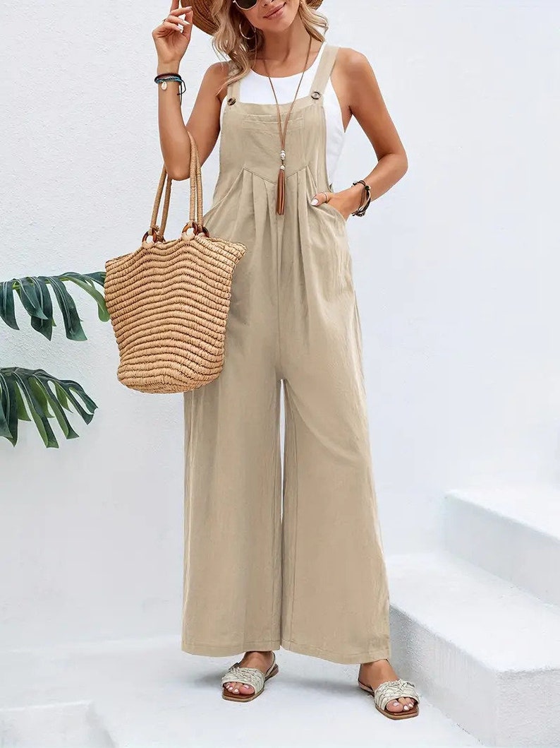 Long sleeveless overalls jumpsuit in Boho style, loose and casual, with pockets, women's clothing. Beige