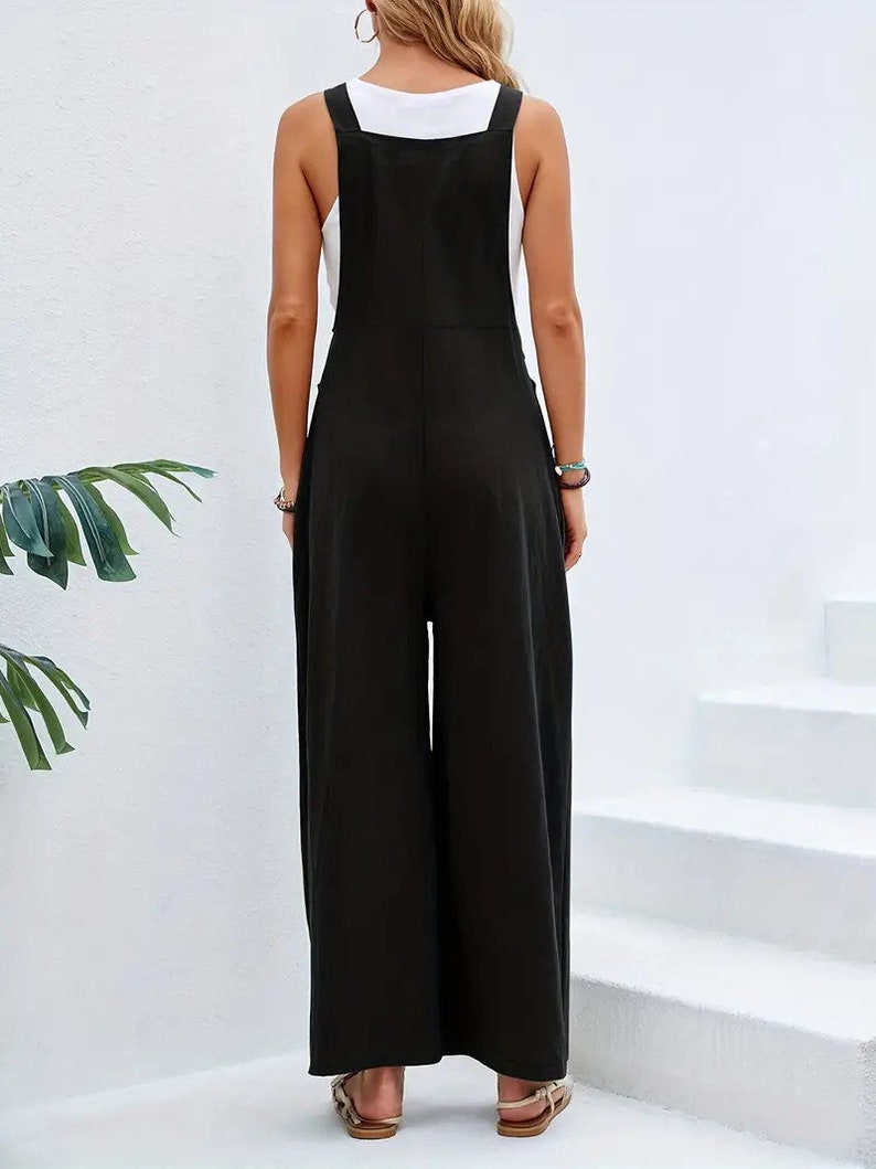 Long sleeveless overalls jumpsuit in Boho style, loose and casual, with pockets, women's clothing. image 9