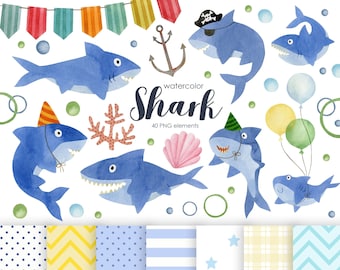 Watercolor Shark Clipart: Funny Sharks & Sea Patterns (Digital Download)