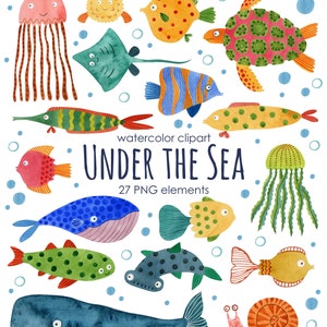 Watercolor under sea clipart, fish clipart, ocean clipart, sea animals, sea life clipart, turtle, coral, seashell, octopus, invitation, PNG.