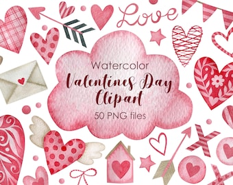 Könnte beinhalten: Aquarell-Clipart mit 50 rosa und roten Herzen, Pfeilen, Sternen und anderen Illustrationen zum Valentinstag. Der Text "Watercolor Valentines Day Clipart 50 PNG files" ist auf einer rosa Wolke geschrieben.