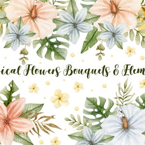 Watercolor Tropical Flowers Clipart: Hawaii Bouquets, Gold Leaves (PNG Digital Download)
