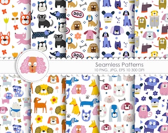 Cute Dog Seamless Pattern, Animal Background (PNG, JPG, EPS)