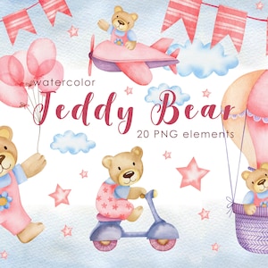 Watercolor Pink Teddy Bear Clipart: Baby Shower PNG (Digital Download)