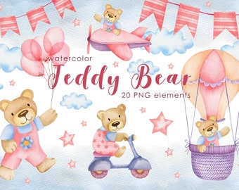 Watercolor Pink Teddy Bear Clipart: Baby Shower PNG (Digital Download)