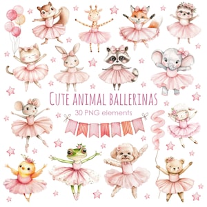 Watercolor Animal Ballerina Clipart: 30 PNG Images (Digital Download)