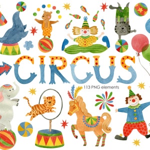 Watercolor Circus Clipart: Baby Animals, Tent (Instant Download)